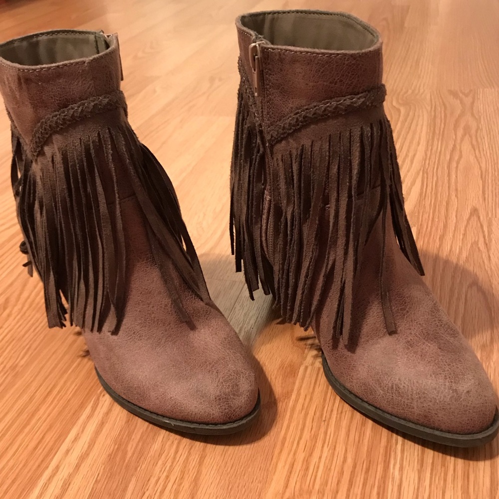 Light Brown Fringe Heeled Bootie